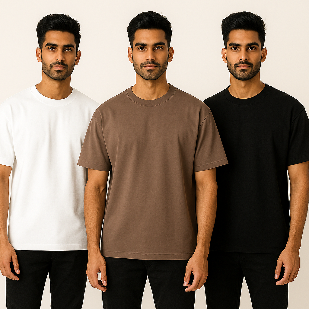 Pack of 3 Oversized T-Shirts – 210 GSM Pure Cotton Heavyweight T-Shirts | Soft, Breathable & Durable Daily Wear