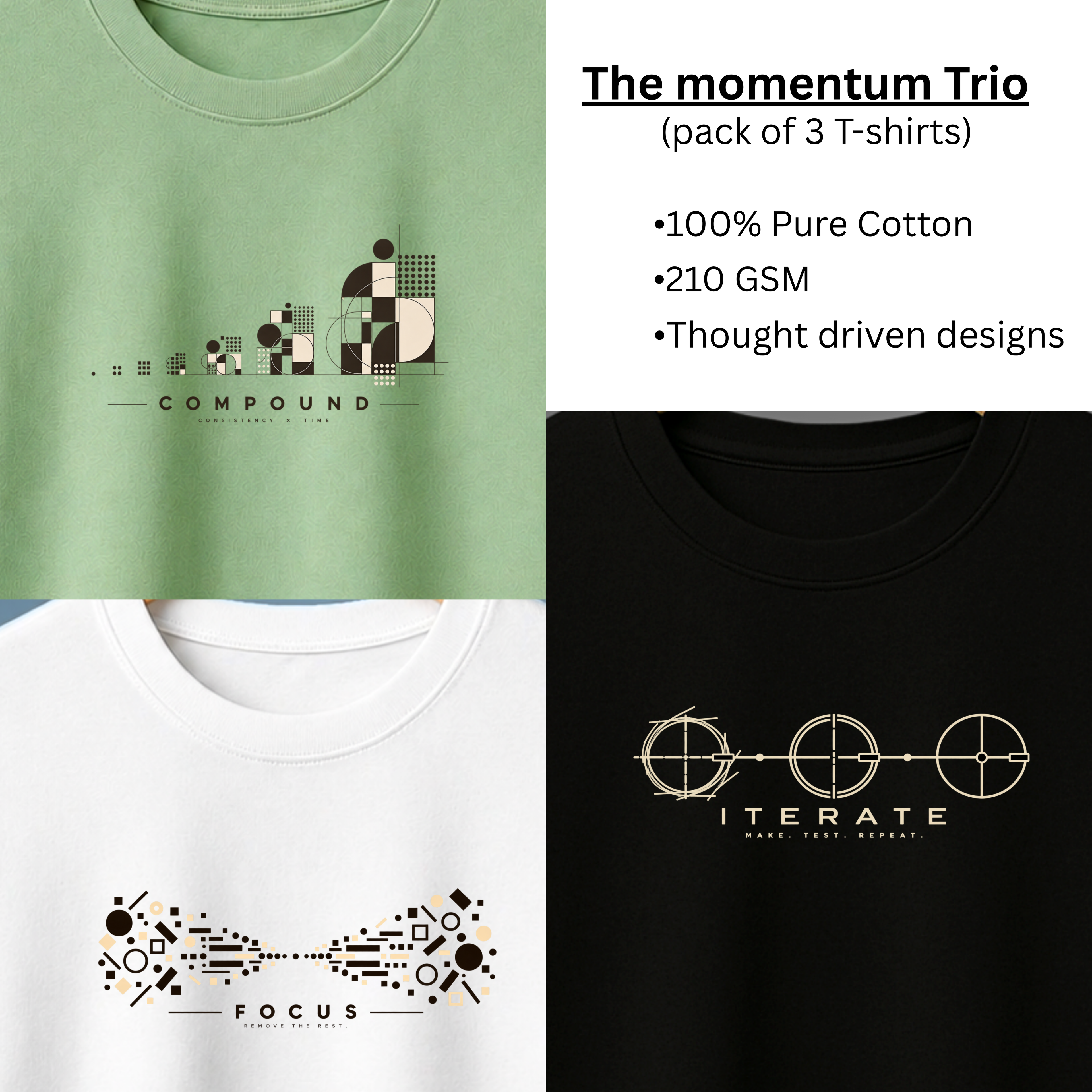 The Momentum Trio — 210 GSM Premium Cotton Regular Fit T-Shirts | Pack of 3