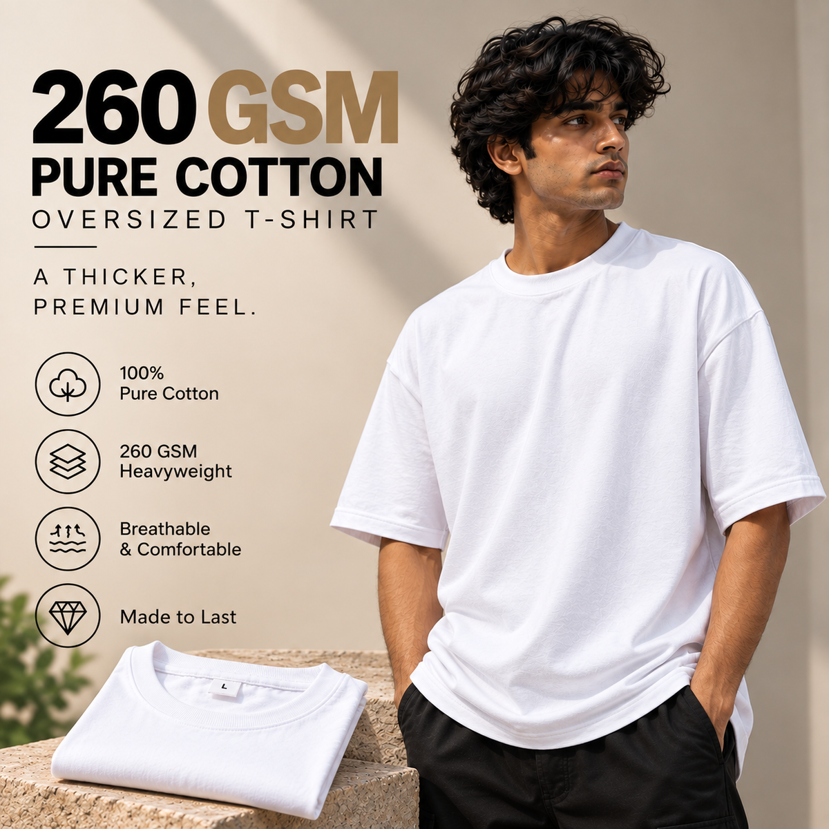 White 260 GSM oversized pure cotton T-shirt