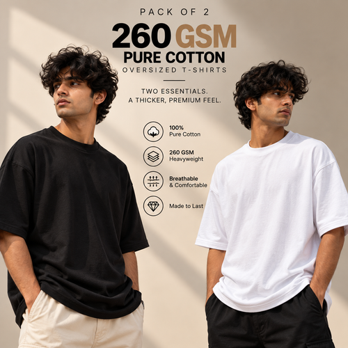 260 GSM pure cotton oversized T-shirts pack of 2 in black and white