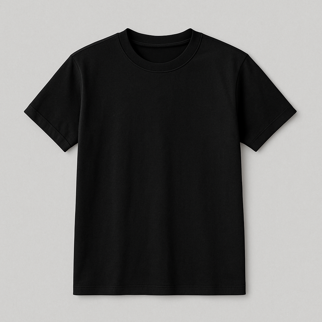 A black, short-sleeved, round-neck t-shirt displayed against a white background.