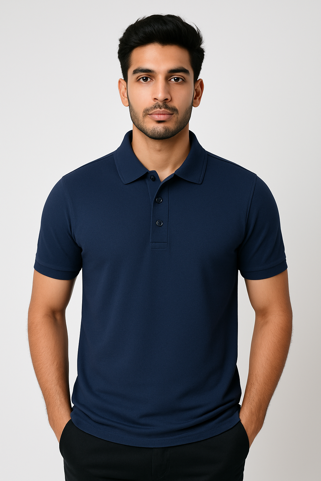 Man wearing a navy blue polo shirt against a plain background