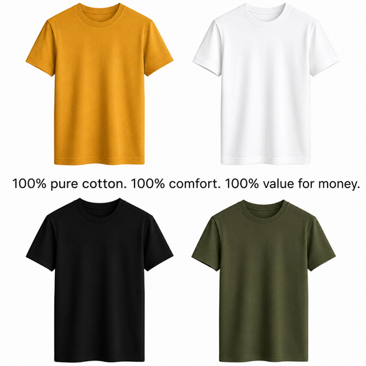 Premium Cotton T-Shirts Combo (Pack of 4) – Ultra-Soft, Breathable, and Durable Everyday Wear