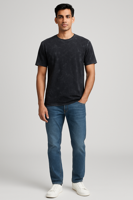 Acid Wash Black T-Shirt – Regular Fit, 180 GSM, 100% Cotton Biowash Single Jersey