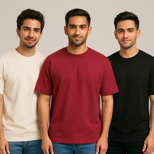 Pack of 3 – 240 GSM Heavy Cotton Oversized T-Shirts for Men | Thick, Durable, Premium Quality