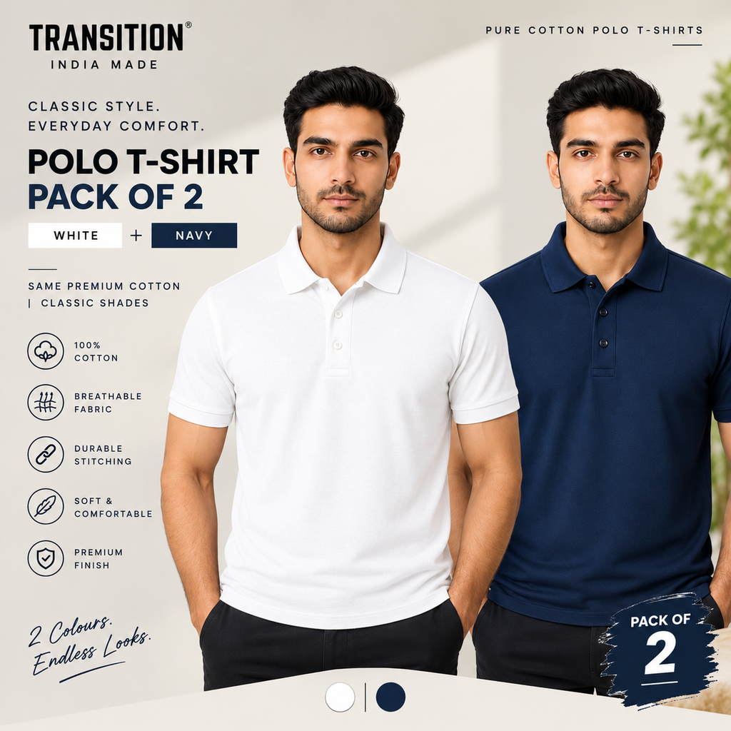 Pure Cotton Polo T-Shirt Combo – Pack of 2 | 220 GSM Premium Cotton