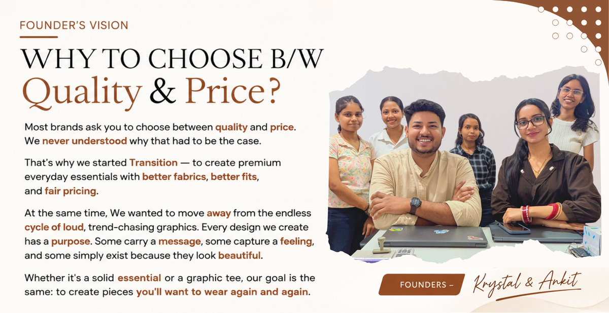 A promotional banner with text on the left reading 'WHY TO CHOOSE B/W Quality & Price?' and a group photo on the right of several smiling people wearing matching graphic tees. The design includes the headings 'FOUNDER'S VISION' and 'FOUNDERS - Krystal & Ankit'.