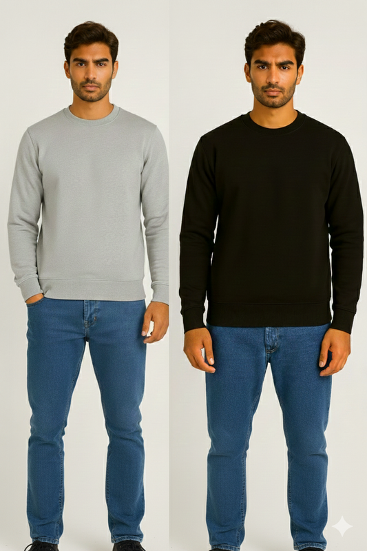 Winter Combo: 320 GSM Cotton Rich Sweatshirts Pack of 2 (Black & Light Grey)