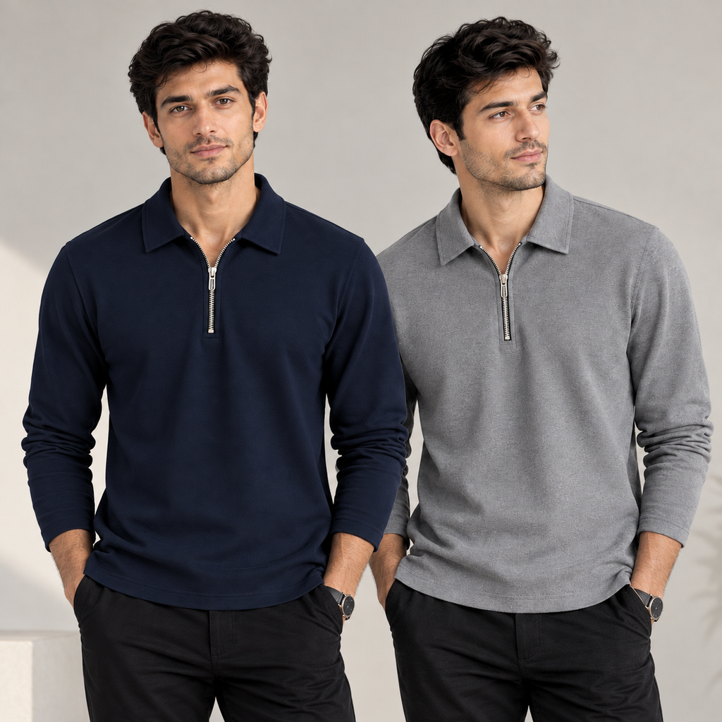 220 GSM Cotton Lycra Full Sleeve Zip Polo T-Shirts | Pack of 2 – Navy & Grey