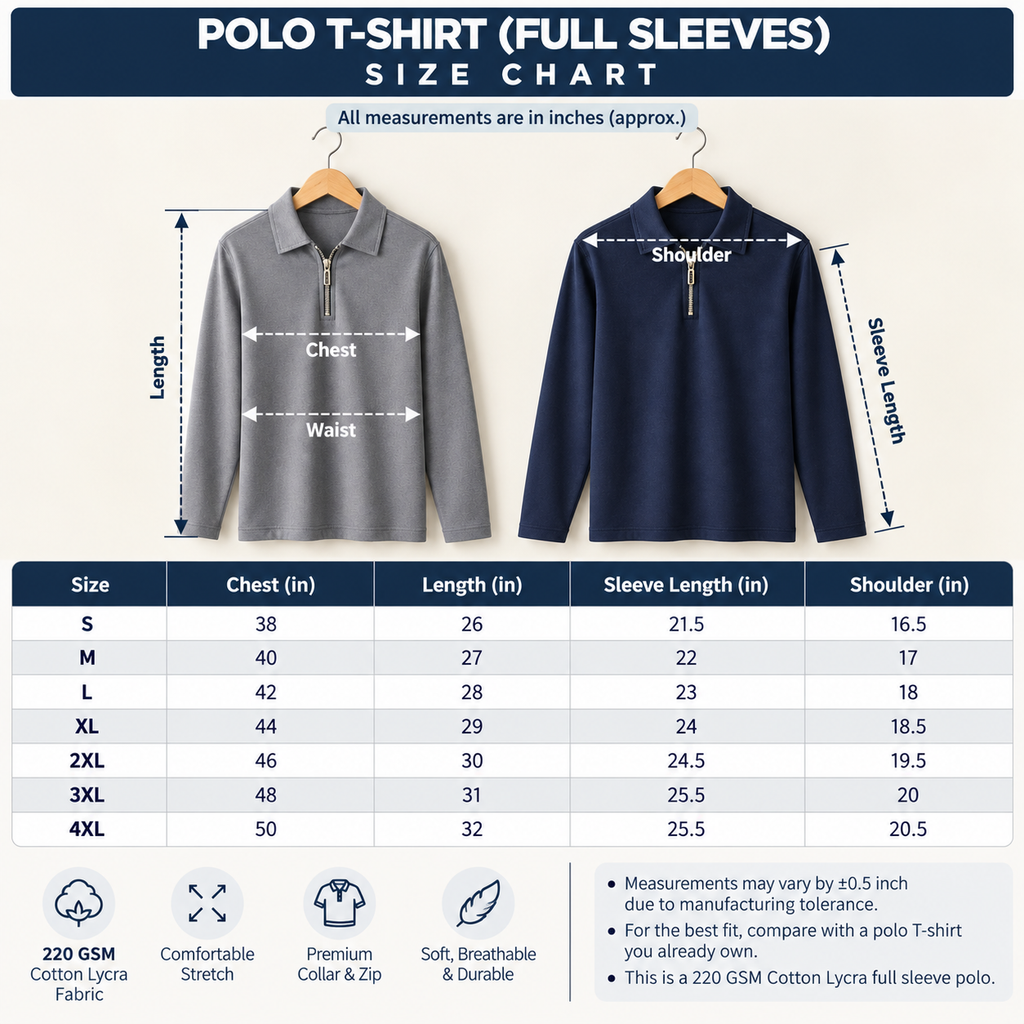220 GSM Cotton Lycra Full Sleeve Zip Polo T-Shirt