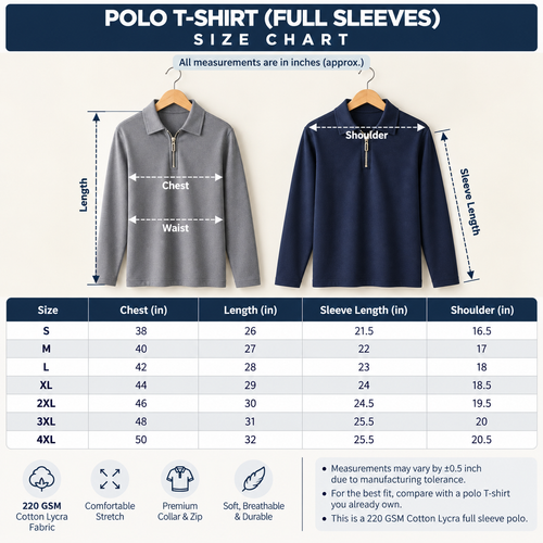 220 GSM Cotton Lycra Full Sleeve Zip Polo T-Shirt