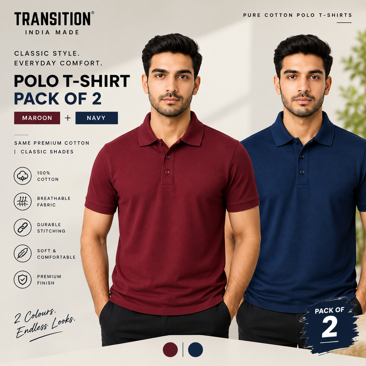 Pure Cotton Polo T-Shirt Combo – Pack of 2 | 220 GSM Premium Cotton