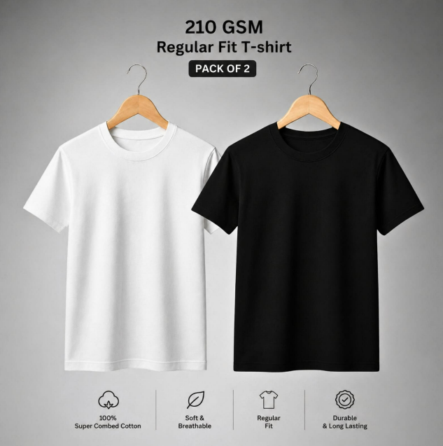 Premium 210 GSM Regular T-Shirt - Pure Cotton | Pack of 2