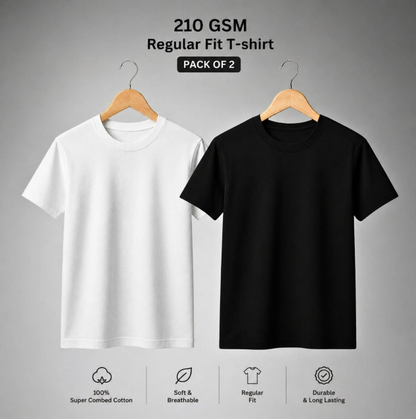 Premium 210 GSM Regular T-Shirt - Pure Cotton | Pack of 2 | Black & White