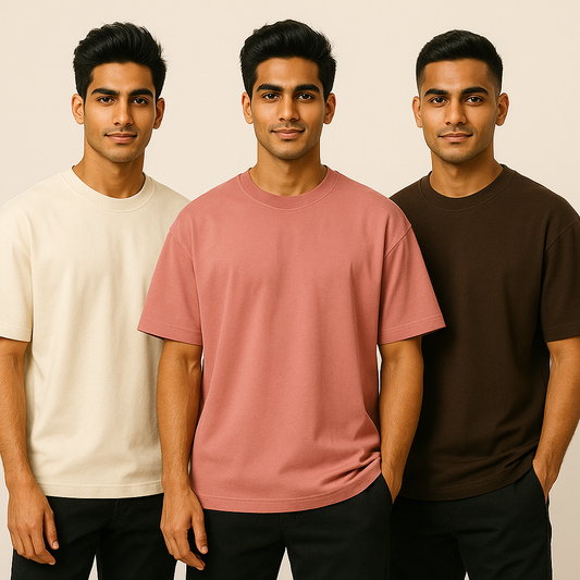 Pack of 3 – 240 GSM Heavy Cotton Oversized T-Shirts for Men | Thick, Durable, Premium Quality