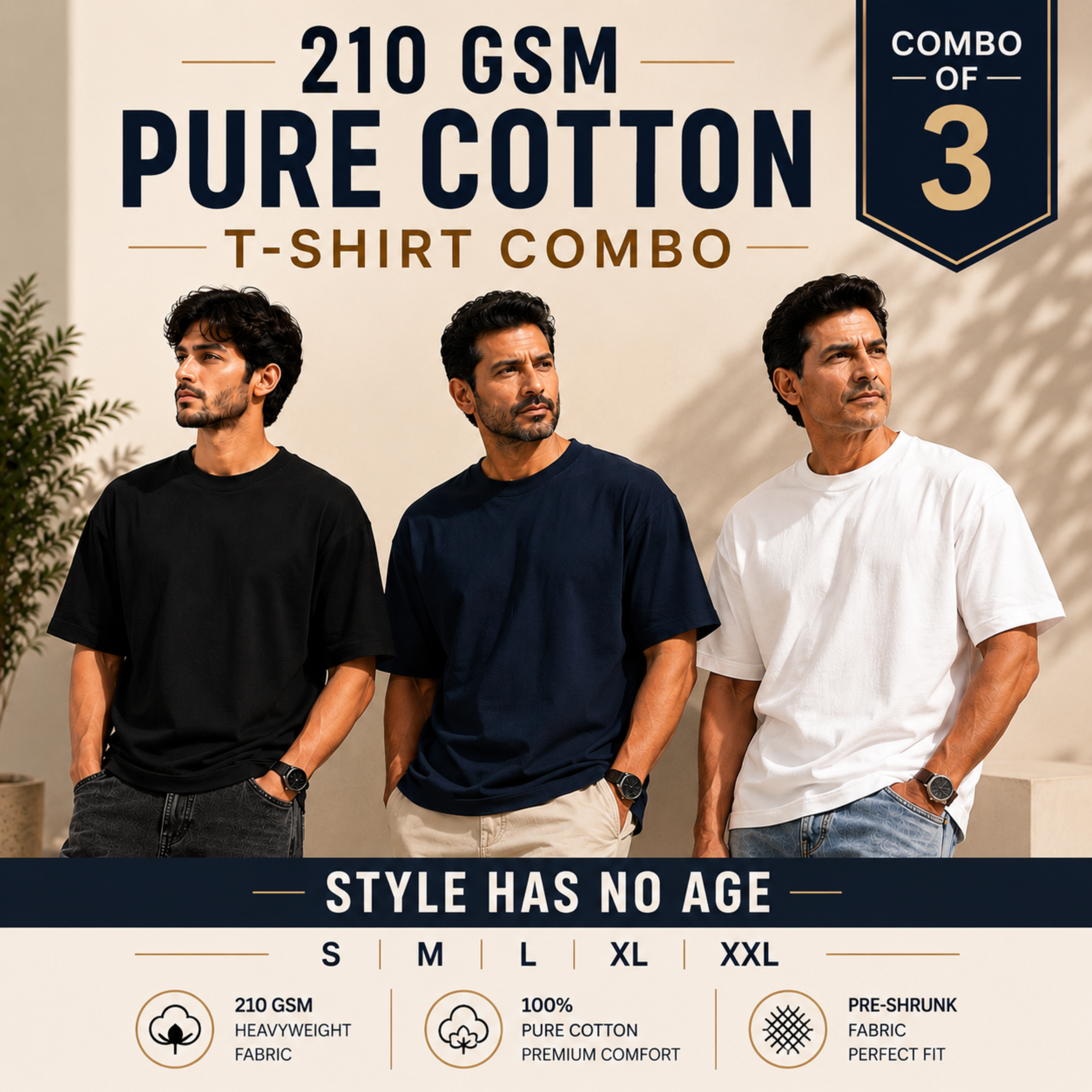 Pack of 3 Oversized T-Shirts – 210 GSM Pure Cotton Heavyweight T-Shirts | Soft, Breathable & Durable Daily Wear