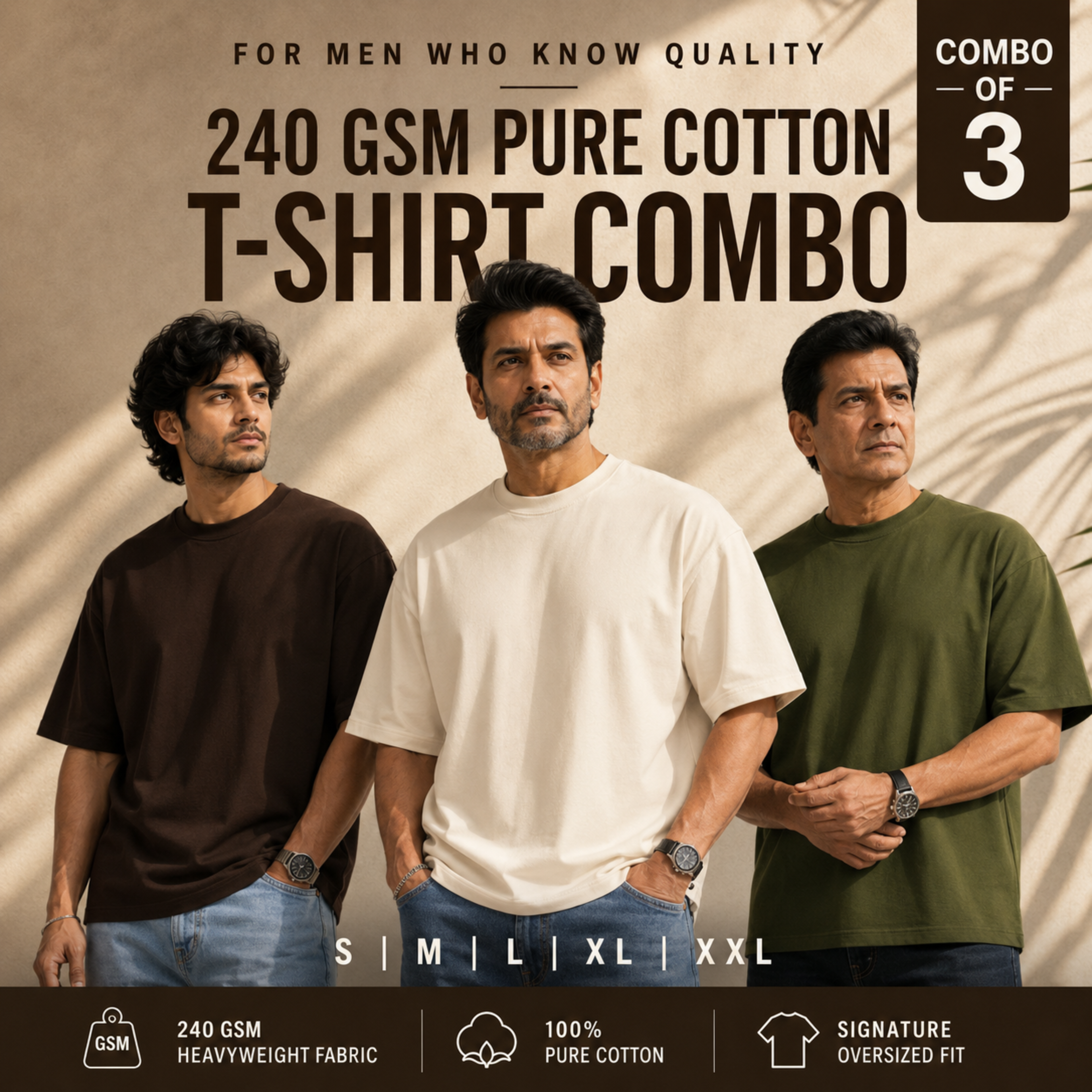 Pack of 3 – 240 GSM Heavy Cotton Oversized T-Shirts for Men | Thick, Durable, Premium Quality