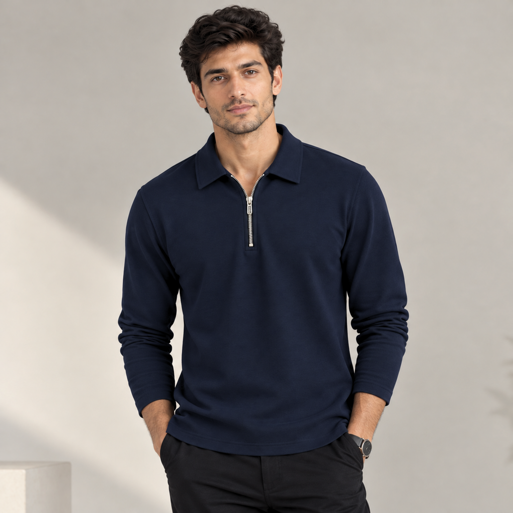 220 GSM Cotton Lycra Full Sleeve Zip Polo T-Shirt