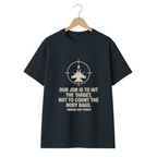 Black t-shirt with white text and graphic on a hanger against a white background