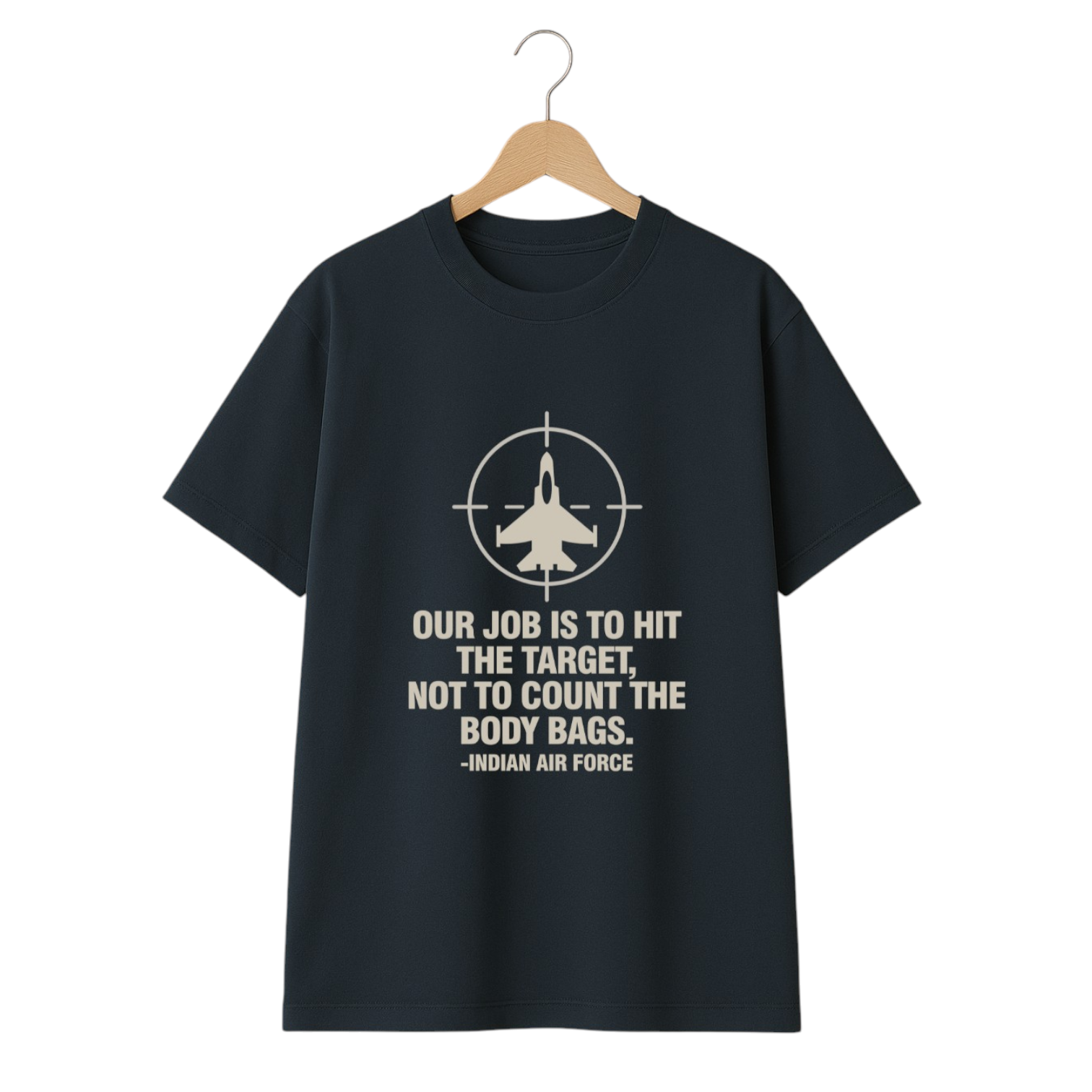Black t-shirt with white text and graphic on a hanger against a white background