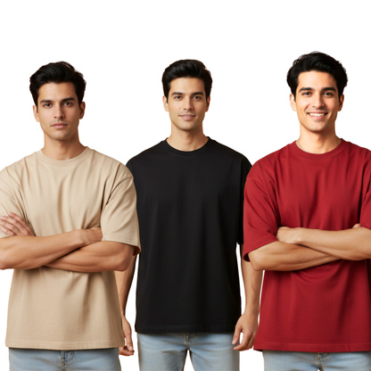 Pack of 3 – 240 GSM Heavy Cotton Oversized T-Shirts for Men | Thick, Durable, Premium Quality