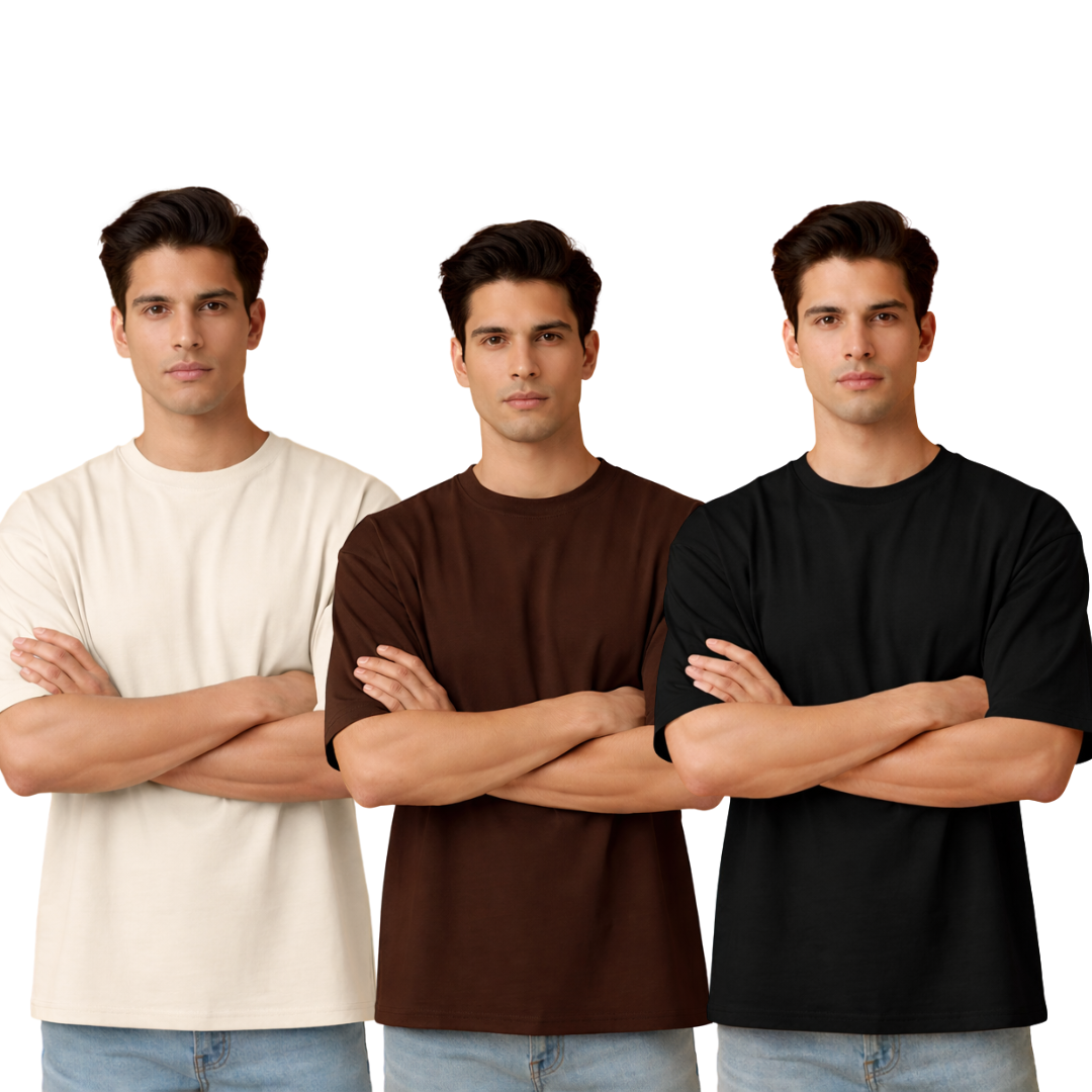 Pack of 3 – 240 GSM Heavy Cotton Oversized T-Shirts for Men | Thick, Durable, Premium Quality