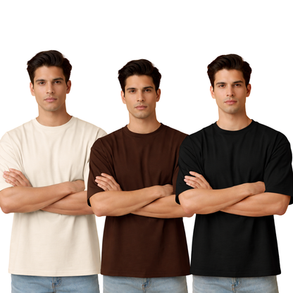 Pack of 3 – 240 GSM Heavy Cotton Oversized T-Shirts for Men | Thick, Durable, Premium Quality