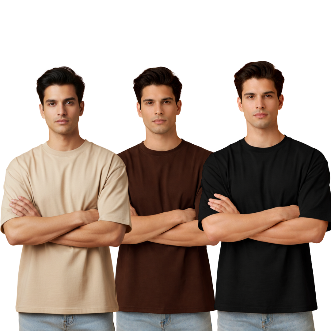 Pack of 3 – 240 GSM Heavy Cotton Oversized T-Shirts for Men | Thick, Durable, Premium Quality