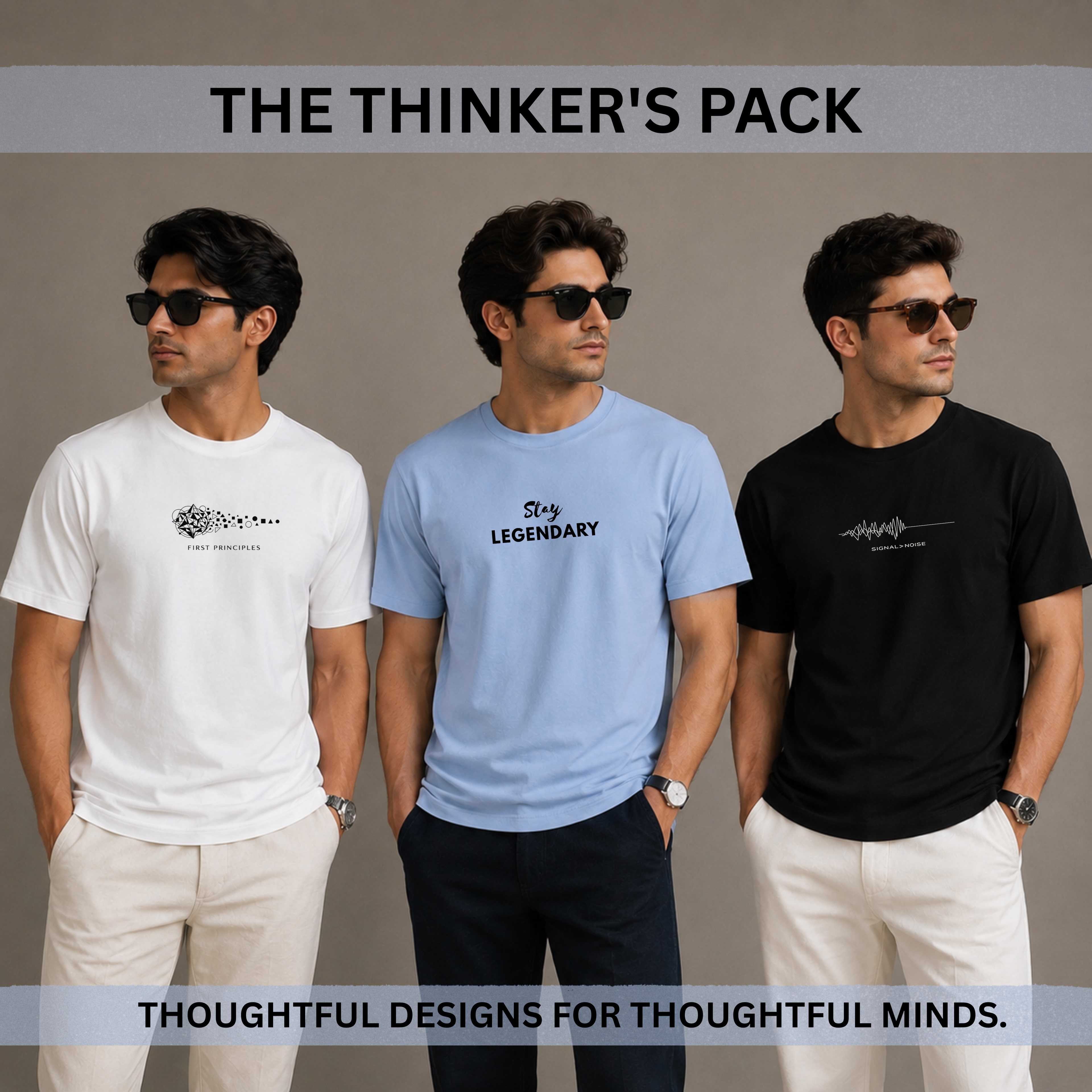 The Thinker’s Pack – 210 GSM Premium Cotton T-Shirts | Black, White & Ice Blue