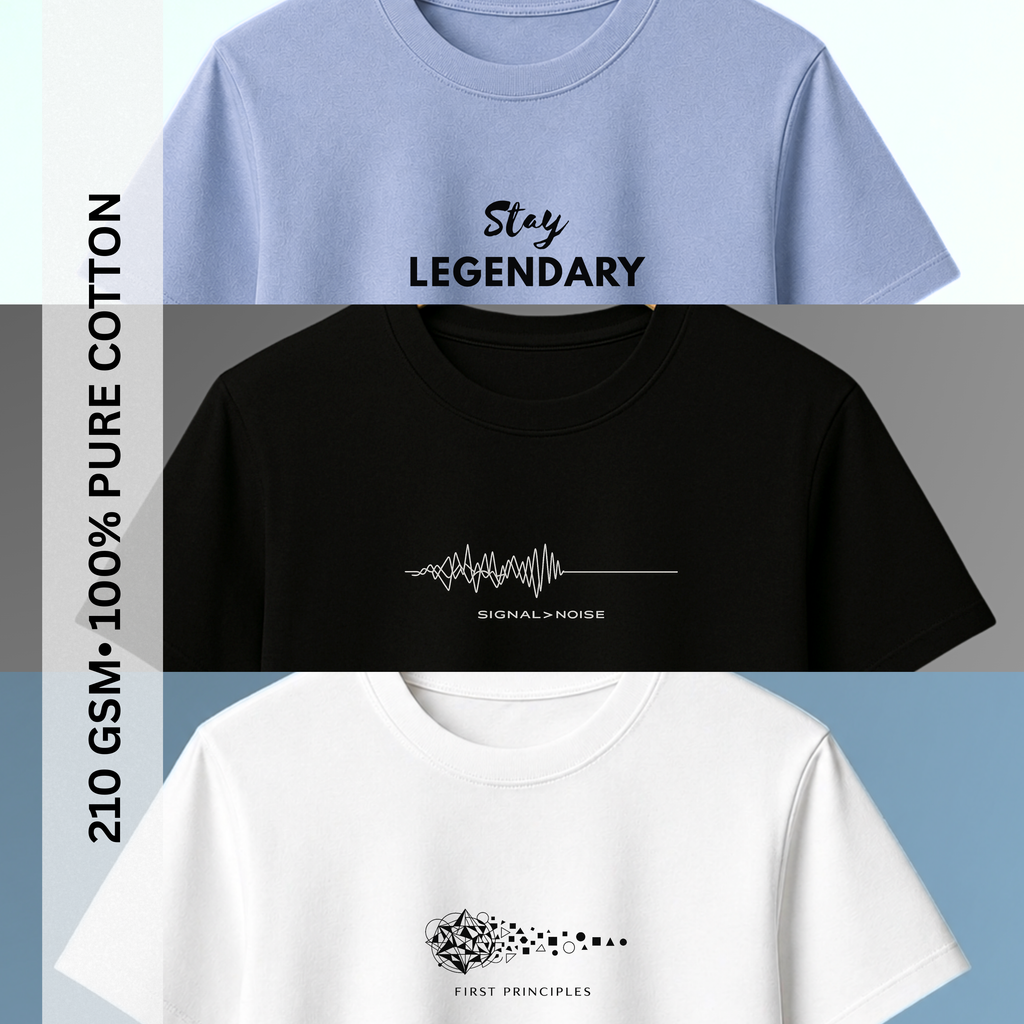 The Thinker’s Pack – 210 GSM Premium Cotton T-Shirts | Black, White & Ice Blue