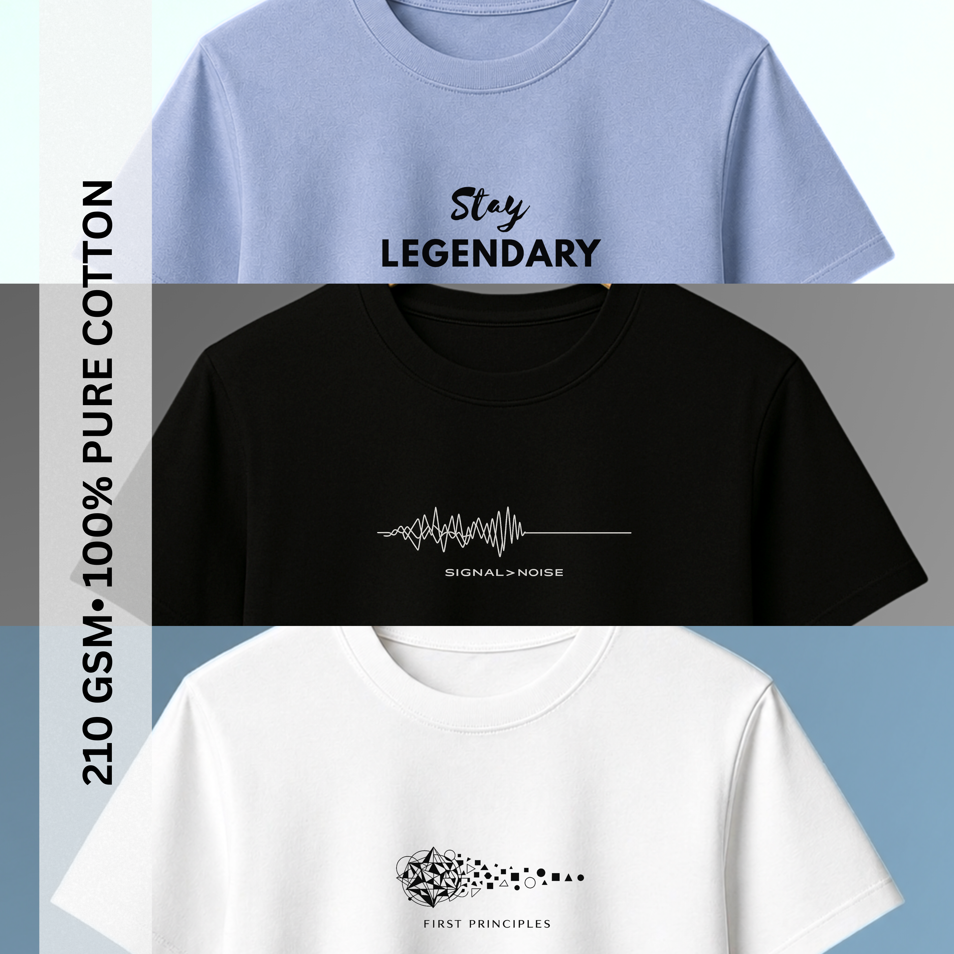 The Thinker’s Pack – 210 GSM Premium Cotton T-Shirts | Black, White & Ice Blue